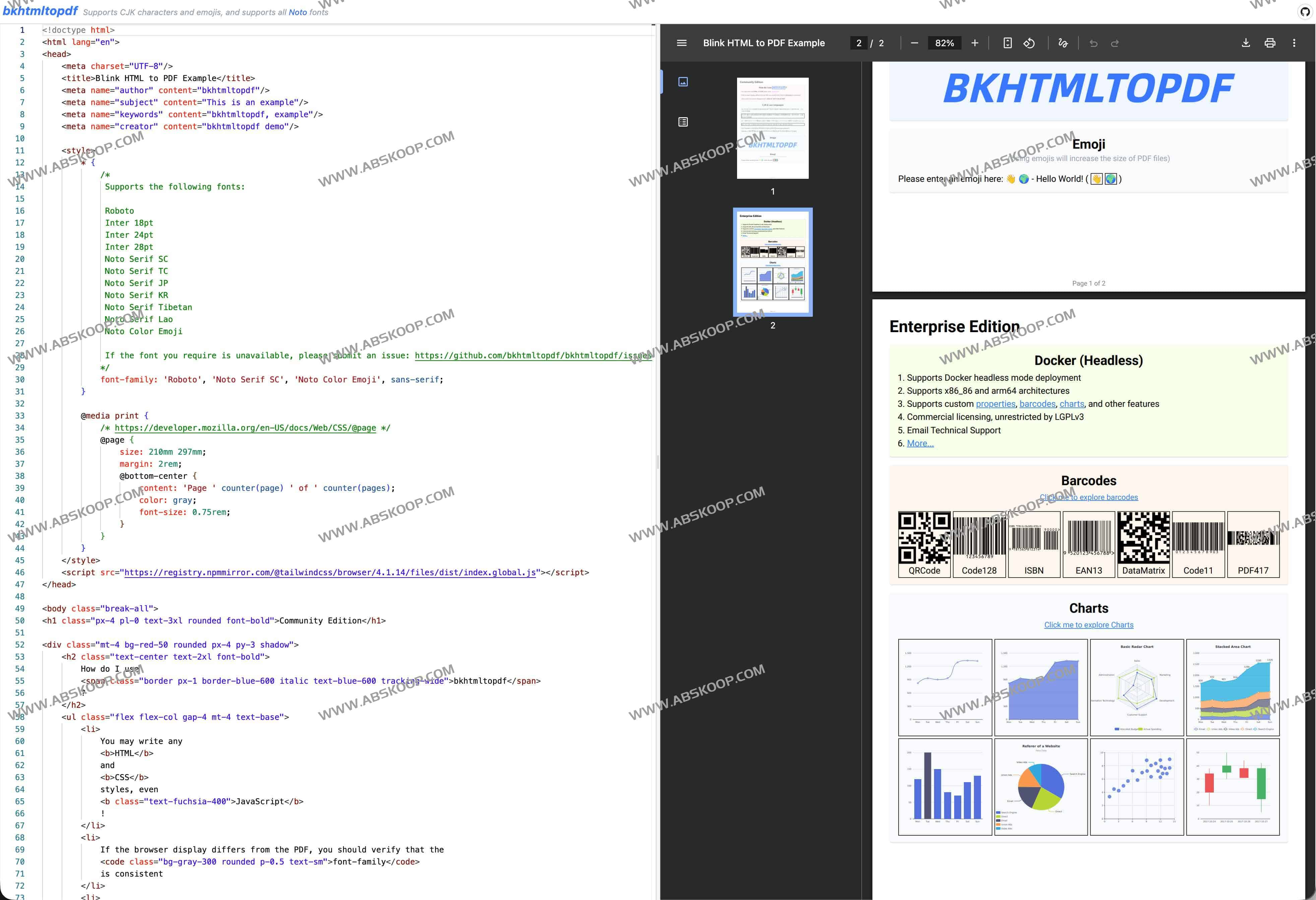 BKHTMLTOPDF:高性能开源 HTML 转 PDF 工具,支持图表、条形码与多语言渲染 2 BKHTMLTOPDF:高性能开源 HTML 转 PDF 工具,支持图表、条形码与多语言渲染