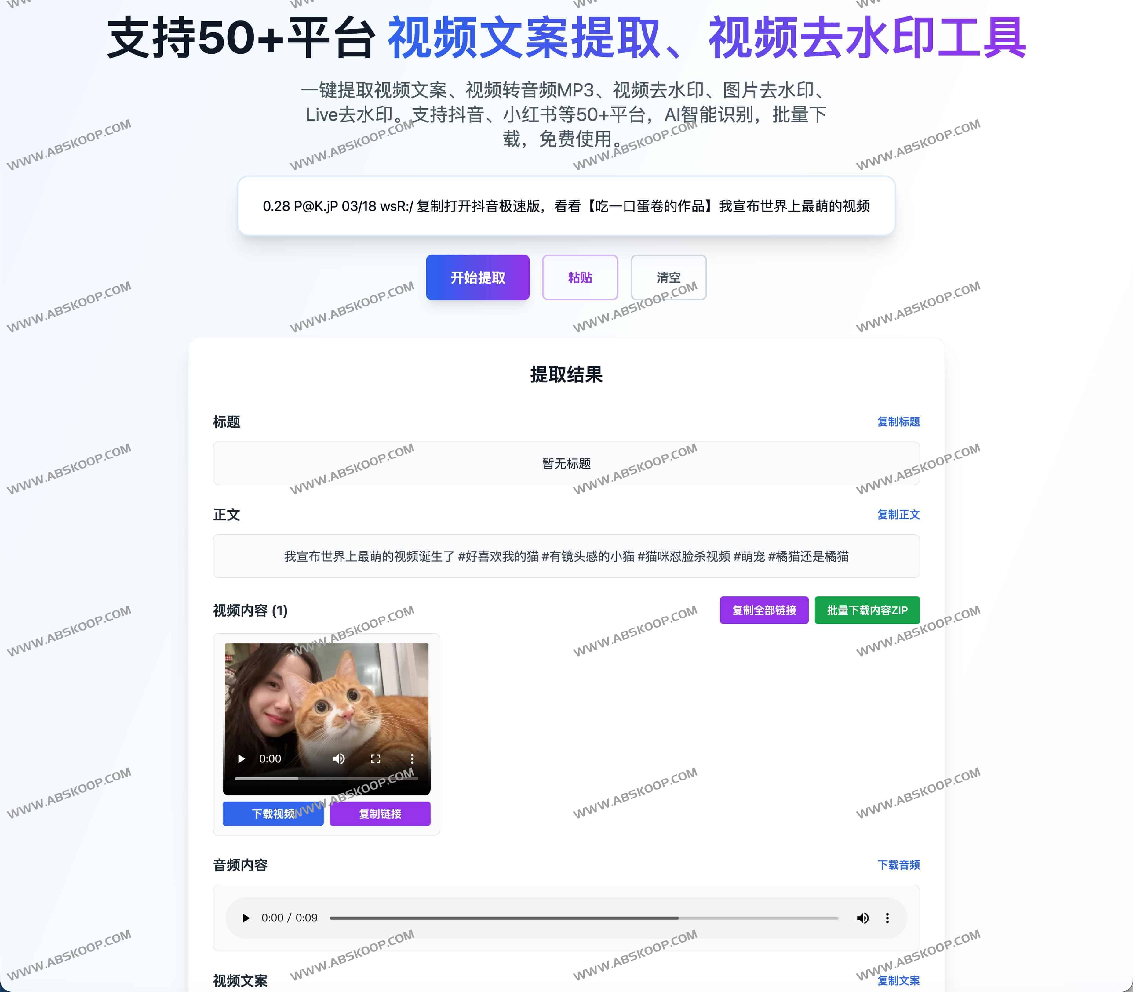 AnyToCopy.com - 免费视频文案提取与去水印工具,支持抖音、小红书、快手等50+平台 2 AnyToCopy.com - 免费视频文案提取与去水印工具,支持抖音、小红书、快手等50+平台
